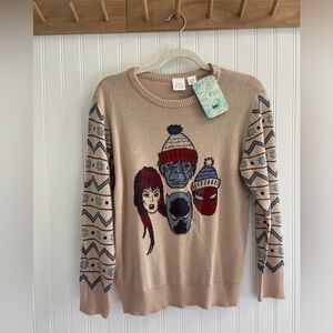 Disney Marvel Faire Isle Sweater Hulk Batman Spider-Man Tan Red Boys L NWT